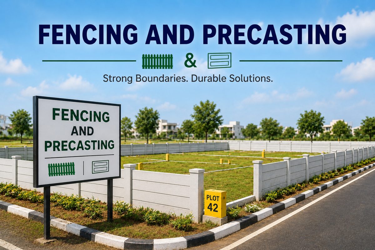 A fenced plot with a precast boundary wall